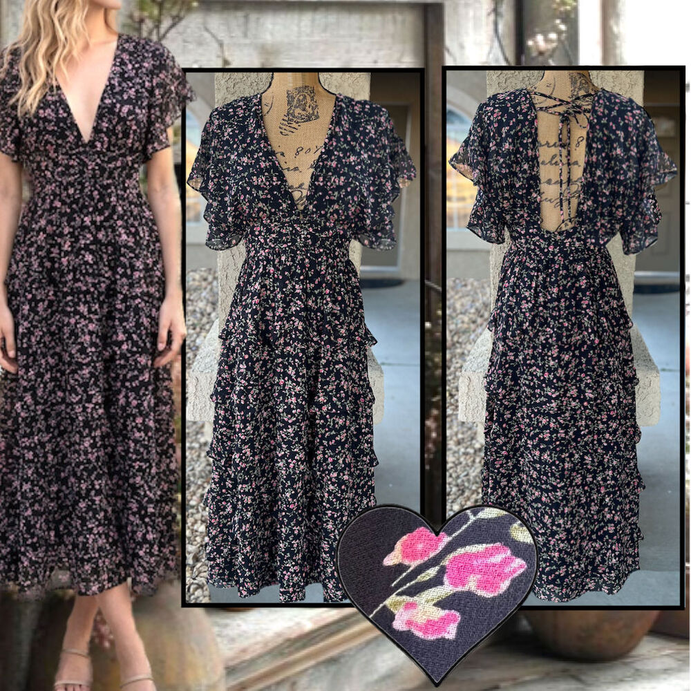 Petal & Pup Black Maxi Dress with Pink and White Floral Print